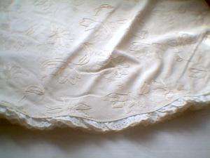 Table cloth topper round eyelet lace Embroidered linen floral tan 