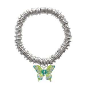 Large Lime Green & Blue Butterfly Silver Plated Charm Links Bracelet 