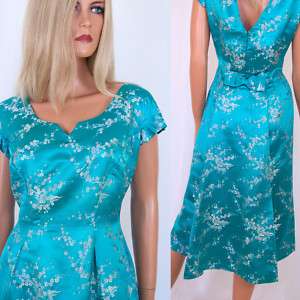  Satin Brocade Asian Bombshell Wiggle Dress HAUTE COUTURE turquoise VLV