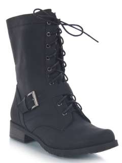 NEW BAMBOO Women Lace up Military Mid Calf Buckle Detail Boot sz Black 