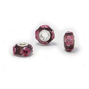  Cheneya Glass Bead in Burgundy with Hot Pink and White Flowers 