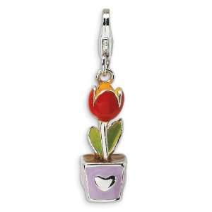 Sterling Silver 3 D Red Enamel Potted Tulip Flower With Lobster Clasp 