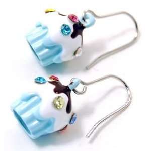   Light Blue Cupcake Dangle Earrings with Sparkling Crystals & Frosting