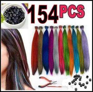 154 PCS GRIZZLY Synthetic Feather Hair Extension +free kit tool +154 