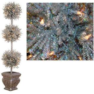 Sterling 5 Pre Lit Silver Tinsel Triple Ball Potted Topiary Tree 