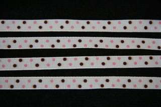 White Grosgrain Ribbon Pink and Brown Polka Dots  