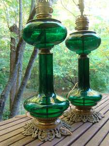 PAUL HANSON FOREST GREEN GLASS BANQUET TABLE LAMPS Mid Century 