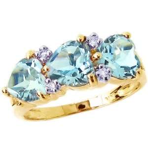 Yellow Gold Three Stone Heart Gemstone and Diamond Ring Sky Blue Topaz 
