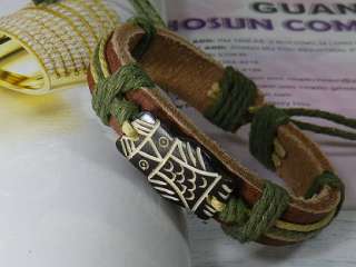 owl Leather green hemp ox bone Bracelet Wristband Chain  