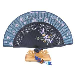  Silver J Oriental hand fan, navy bamboo & silk, pocket 