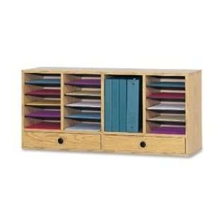   Wood Adjustable Literature Organizer, 20 Compartment w. Drawer, Oak