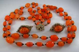   Miriam Haskell Salmon Glass Beaded Necklace Earrings Set  