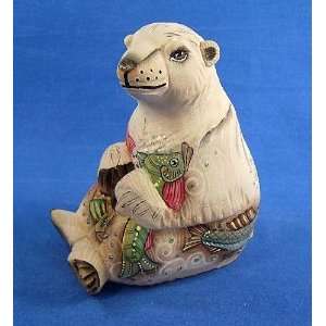  Hand Painted Hand Carved Wooden Polar Bear with Salmon 