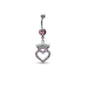 014 Gauge Heart and Crown Belly Button Ring with Pink and White Cubic 
