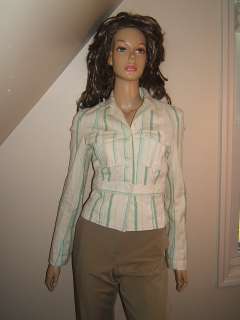 GUESS Womens White Green Stripes Blazer Jacket Small PETITE Designer 