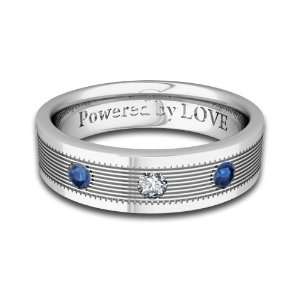 Engraved Mens 3 Stone Sapphire Diamond Wedding Band Comfort Fit in 14k 