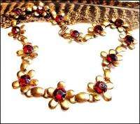 Vintage 50s Red Crystals Copper Flowers Choker Necklace  