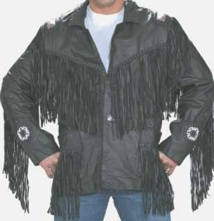 MENS WESTERN TRAPPER STYLE LEATHER JACKET FRINGES BEADS  