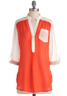   , Orange, White, Color Block, Buttons, Pockets, Casual, Long Sleeve