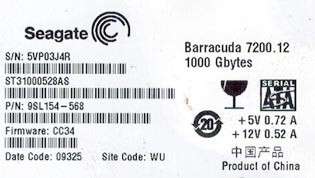 SEAGATE ST31000528AS 1TB P/N 9SL154 568 F/W CC34 WU 836367008164 