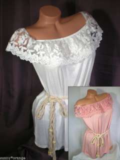 Ivory Pink lace belt off shoulders blouse knit top S M  