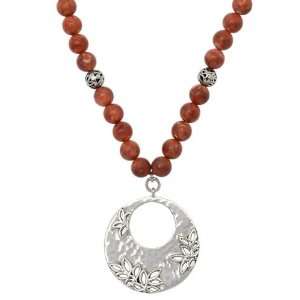   Coral Beaded Necklace with Round Open Leaf Pendant by Lois Hill Womens