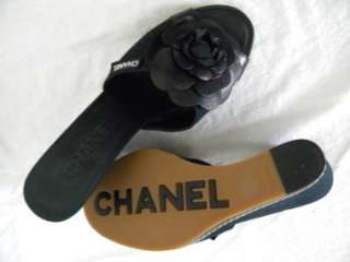 CHANEL Black Camellia Wedge Slides Sandal Shoe ~ EUC  