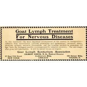 1904 Ad Goat Lymph Sanitarium Nervous Paralysis Epilepsy Cure Medical 