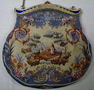Vintage French tapestry Victorian handbag purse cobalt enamel closure 
