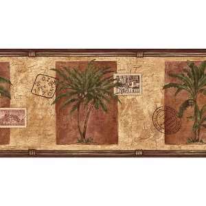  Gold and Brown Palm Tree and Postage Wallpaper Border 