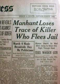21 1934 newspapers Outlaw JOHN DILLINGER ESCAPES from INDIANA JAIL w 