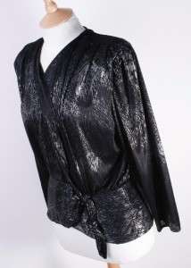 Vtg 80s Womens Black Wrap Around Tie Top Blouse Shirt Medium  