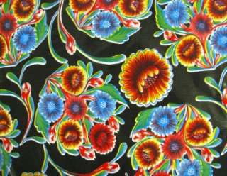 BLACK FLORAL BLOOM RETRO VINTAGE STYLE OILCLOTH FABRIC  