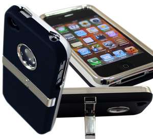 BLACK DELUXE HARD CASE COVER CHROME STAND RUBBERIZED CLIP FOR IPHONE 4 