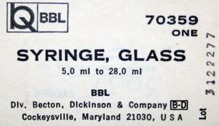 Becton Dickinson 70359 Glass Syringe 5.0   28.0 mL 50cc  