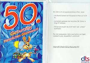 Geburtstagskarte mit Kuvert 50. Geburtstag Comic Hase  