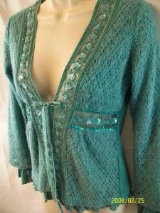 HAZEL teal wool blend & lacy tie cardigan sweater S  