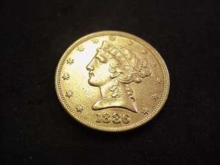 1886 $5 LIBERTY HEAD EAGLE GOLD PIECE ALMOST UNC AU  