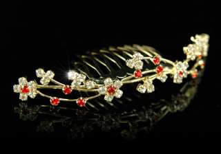 Bridal Wedding Red Flower Crystal Gold Plat Tiara Comb T1134  