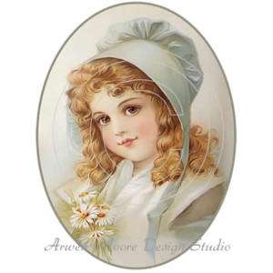 Decal Vintage Shabby Green Bonnet Girl Oval 4 Decals  