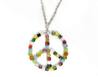Zad Multi Glass Bead Mosaic Necklace Peace Sign Pendant  