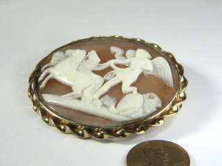   GOLD CARVED NATURAL SHELL CAMEO PHOEBUS APOLLO HORSES PIN c1860  