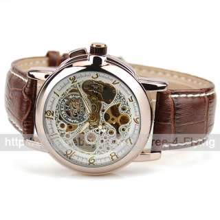 Rose Gold Case Coffee Band Skeleton White Dial Mechanical Auto Mens 