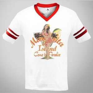   Island Come To Paradise Mens V neck Ringer T shirt Pin Up Girl Tees