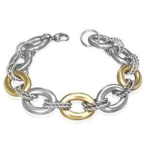 Stainless Steel Two Tone Twisted Circle Oval Link Womens Bracelet 