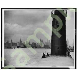  1930 Lighthouse at mouth of Chicago River and skyline 