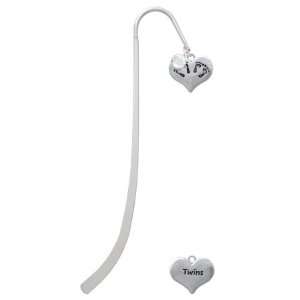  Twins Heart with Two Pair of Baby Feet Silver Plated Charm Bookmark 