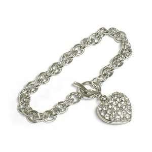   Crystal Puff Heart Charm Toggle Bracelet   White Gold Plated Jewelry