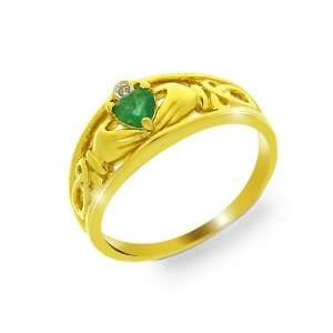  9ct Yellow Gold Emerald & Diamond Claddagh Ring Size 7 Jewelry