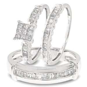 Carat T.W. Princess Baguette Cut Diamond Matching Ring Set 10K White 